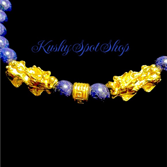 Lucky 🧧Chinese Pixiu Bixue LAPIZ 🔵 Beads in Goldtone 18” necklace 325.00 ctw ✨ - Picture 2 of 2